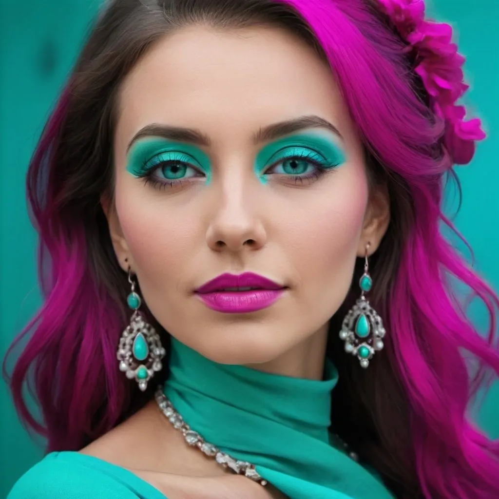 Prompt: A beautiful woman in colors of turquoise and magenta