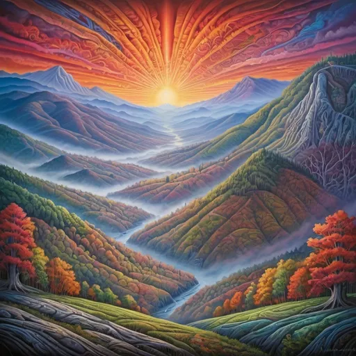 Prompt: (breathtaking landscape of Appalachia), (influenced by Alex Grey and Mr. Cartoon), vibrant colors, surreal details, Appalachian Mountains in the background, (historically accurate elements), vivid and dynamic composition, ethereal atmosphere, .