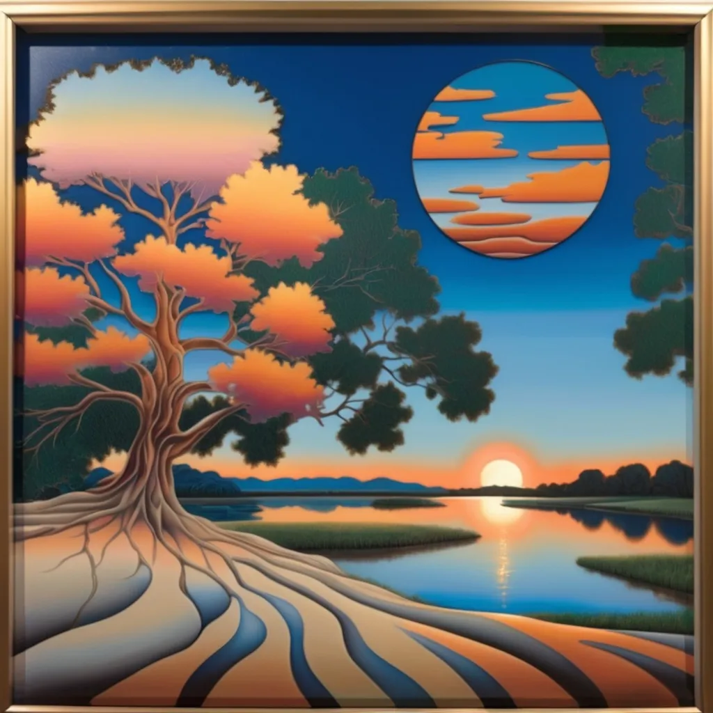 Prompt: a painting of a sunset with a tree in the middle of it and a body of water in the background, Art Brenner, cloisonnism, airbrush on canvas, an airbrush painting