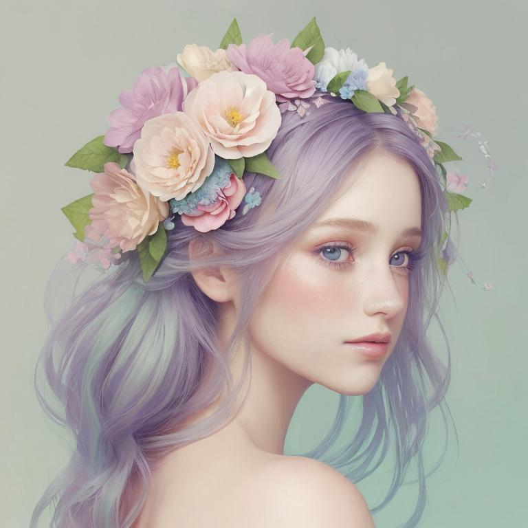 Prompt: Beautiful creation, woman with flowers in her hair, pastel colors