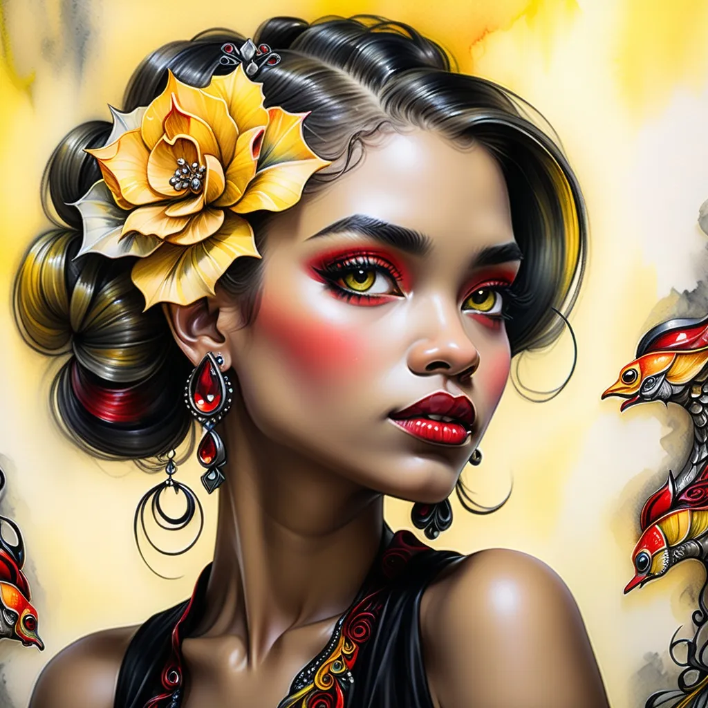 Prompt: <mymodel> beautiful woman, hair pinned up, yellow red black dress, earrings, Watercolor, trending on artstation, sharp focus, studio photo, intricate details, highly detailed, by  Josephine Wall and Jasmine Becket-Griffith