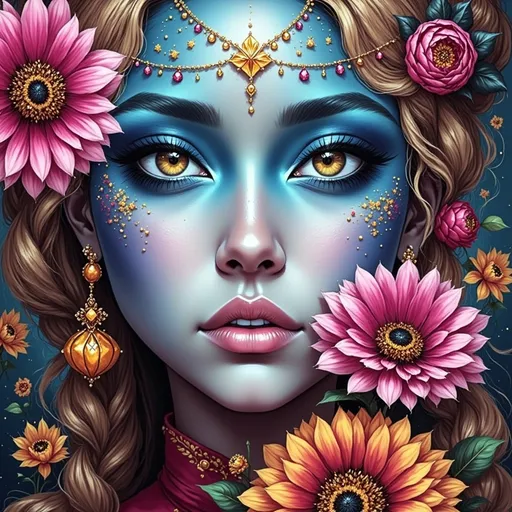 Prompt: a woman with blue makeup and flowers in her hair and eyes, with a blue background and flowers in her hair, Android Jones, psychedelic art, highly detailed digital painting, a detailed painting