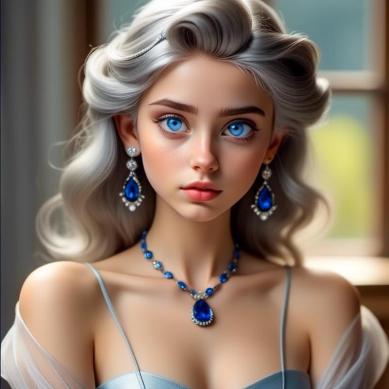 Prompt: <mymodel>Glamorously dressed lady of rhe 1930's wearing sapphire jewelry,blue eyes