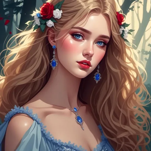 Prompt: <mymodel>Fairy tale, beautiful girl with white skin, (perfect face), light golden hair, blue pupils, red lips, forest style, mysterious, vintage fashion-dresses, with a transparent crystal crown on her head, the woman's body is so white Glows, (high detail) sitting on an oversized red rose, hyperdetail, ultra high definition.