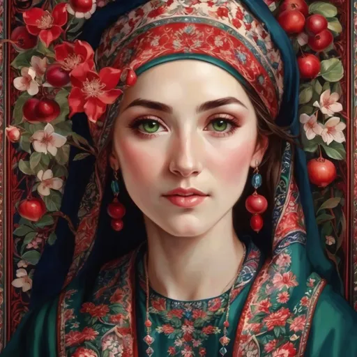 Prompt: A colorful design in the dimensions of 140x140 centimeters, its main theme is white and red, there are pomegranates and cherry blossoms in it, and some green leaves and branches and traditional Iranian designs are used, and there are small birds in it.