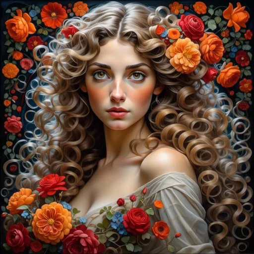 Prompt: <mymodel>Nataasha-Beautiful woman with flowers, oil painting, detailed fiery eyes, ethereal glow, dark and mysterious, high quality, vibrant colors, surreal, haunting, intricate floral details, intense gaze, mystical atmosphere, oil painting, demon, hybrid, fiery eyes, ethereal, vibrant colors, surreal, haunting, floral details, intense gaze, mystical atmosphere