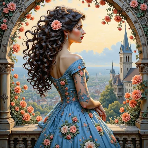 Prompt: Framed by an ornate arch, a young woman gazes thoughtfully out over an idyllic landscape, her long, dark hair cascading in soft waves adorned with peach-colored flowers. She wears a stunning blue gown, elegantly embroidered with intricate floral patterns that complement the blossoms nearby. Behind her, tall spires and charming architecture rise against a pastel sky, hinting at a serene, possibly early evening setting. The soft, warm color palette combines with the gentle play of light, creating an enchanting atmosphere that evokes a sense of wistful contemplation. The scene captures a moment of grace and quiet beauty, inviting viewers to share in an ethereal escape into this picturesque world.
