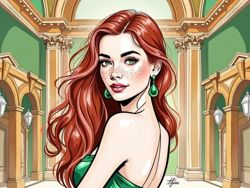 Prompt: This is a digital drawing in a comic art style featuring a young woman with long, wavy, red hair that cascades down her back. She has fair skin with a few freckles on her cheeks, green eyes, and a subtle smile. Her makeup includes dark, arched eyebrows and light pink lipstick. She is wearing green, strapless dress that reveals her bare shoulders and upper back. She also has green, teardrop-shaped earrings. The background depicts an ornate, classical interior with green walls, golden columns, and decorative arches. There are small, white, wall-mounted lamps on either side. The drawing uses bold, black outlines and a warm color palette, with a mix of green, gold, and red tones. The texture of the drawing has a slightly rough, sketch-like quality, with visible brush strokes and a hand-drawn feel. The woman is positioned slightly to the right, looking over her left shoulder towards the viewer, giving a sense of depth and perspective to the image. The artist's signature is visible in the bottom right corner.