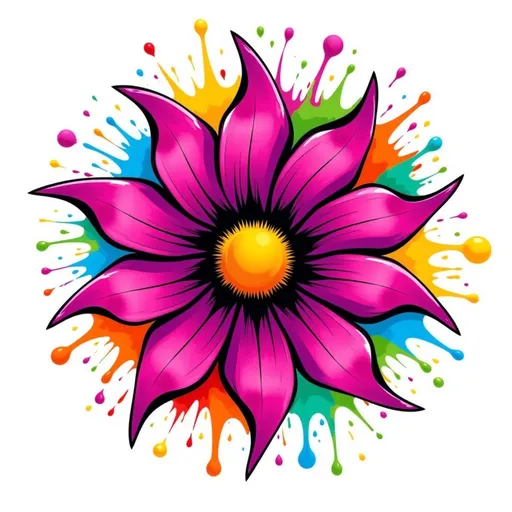 Prompt: This is a vibrant, digitally-created, psychedelic abstract floral design. The central focus is a large, symmetrical flower with eight pointed petals, each in a vivid magenta color with black and yellow accents. The petals are sharply defined with a textured, almost metallic appearance. At the center of the flower, a small, bright yellow circle radiates outward, creating a focal point. Surrounding the flower is a dynamic, splatter-like background in a spectrum of colors, including shades of green, blue, orange, yellow, and red. The splatters are irregular, with some larger droplets and others smaller, creating a sense of movement and energy. The overall composition is balanced, with the flower perfectly centered and the background colors radiating outward. The white background contrasts sharply with the colorful elements, making the design pop. The style is reminiscent of 1960s psychedelic art, with its bold use of color and abstract forms. The image has a high level of detail and texture, with the digital medium allowing for precise, clean lines and vivid, saturated colors.
