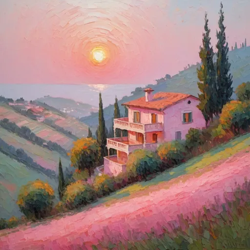 Prompt: Villa on a hillside, sunrise, pinkish   Impasto, Impressionist
  