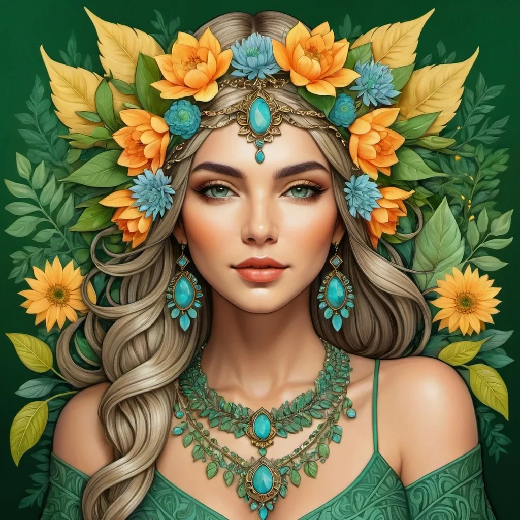 Prompt: a woman with flowers in her hair and a necklace on her head, surrounded by leaves and flowers, is shown in a digital painting style, Amanda Sage, fantasy art, highly detailed digital painting, a detailed painting