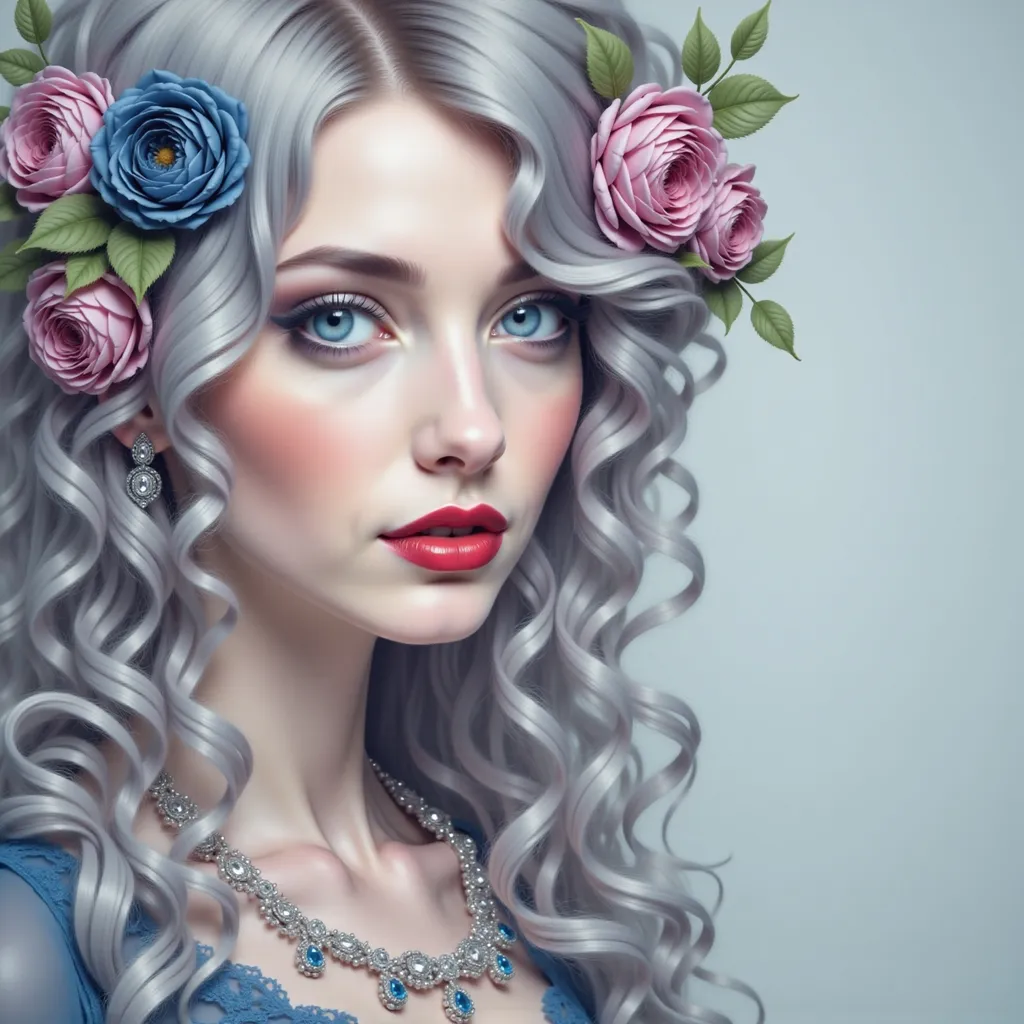 Prompt: a woman with long hair and flowers in her hair, wearing a blue dress and a necklace with roses on it, Anna Dittmann, gothic art, highly detailed digital painting, a detailed painting