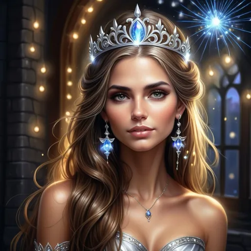 Prompt: a beautiful woman with long hair wearing a tiara and earrings, with sparkling lights in the background, Anne Stokes, fantasy art, highly detailed digital painting, a digital painting