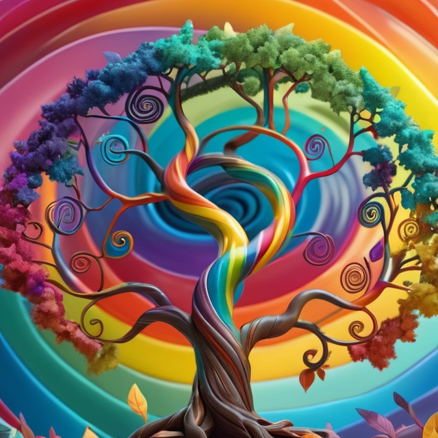 Prompt: colorful gnarled tree of life, spiral colors in the background, rainbow leaves, hyper-detailed, photorealistic 8k max