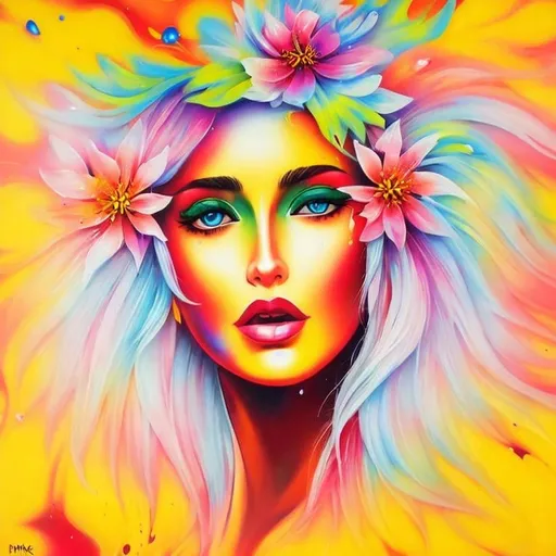 Prompt: Flower Siren graffiti art, splash art, street art, spray paint, oil gouache melting, acrylic, high contrast, colorful polychromatic, ultra detailed, ultra quality, CGSociety