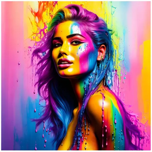 Prompt: Facial closeup of a female face, rainbow paint dripping, vibrant colors, high-definition, detailed, digital painting, close-up, colorful, expressive, rainbow paint drips, intense gaze, professional, vibrant, artistic, surreal, vivid colors, detailed facial features, digital art, high quality