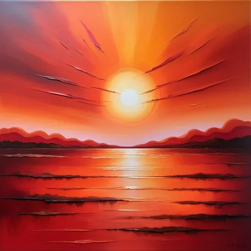 Prompt: Vibrant abstract painting of a serene sunrise, blend of warm red and orange hues, calming atmosphere, high quality, oil painting, relaxing mood, blended colors, serene setting, peaceful, warm tones, atmospheric lighting