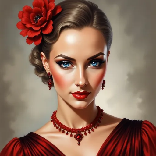 Prompt: a woman with a red dress and a red flower in her hair and a red necklace and earrings on, Edwin Georgi, art deco, realistic shaded perfect face, a photorealistic painting