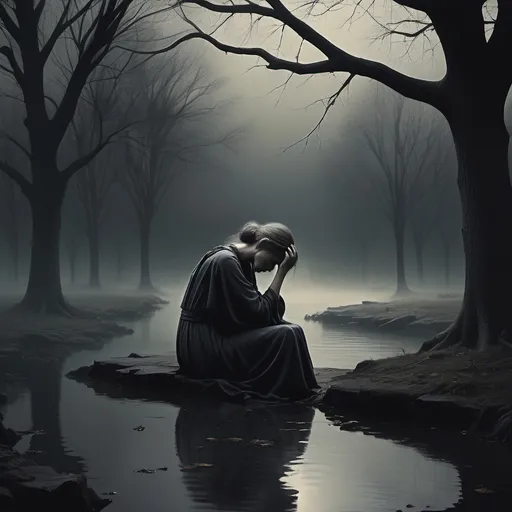 Prompt: (melancholic atmosphere), a solitary figure surrounded by dark, muted colors, reflecting deep sorrow, heavy shadows, the background featuring faded memories, lost moments, ethereal mist, somber lighting, conveying an overwhelming sense of loss, profound emotional depth, ultra-detailed, captivating visual representation of grief.