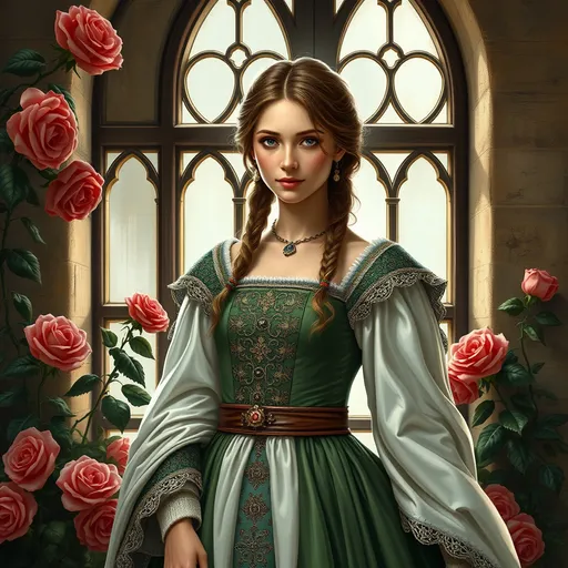 Prompt: an English princess in a 10th century dress standing in front of a window with roses around her. Anne Stokes, fantasy art, highly detailed digital painting, a character portrait