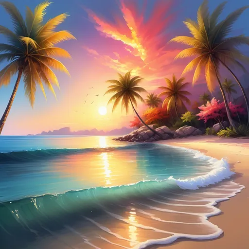 Prompt: Vibrant digital painting of a serene sea landscape, crystal clear water, golden sandy beach, colorful coral reefs, tropical palm trees swaying gently, breathtaking sunset reflecting on the water, high quality, detailed, vibrant colors, digital painting, tropical, serene atmosphere, sunset lighting