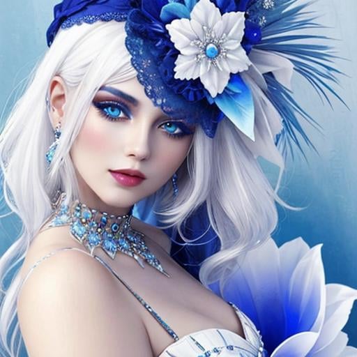 Prompt: A beautiful woman, white hair, blue eyes, blue eyeshadow, blue jewels o