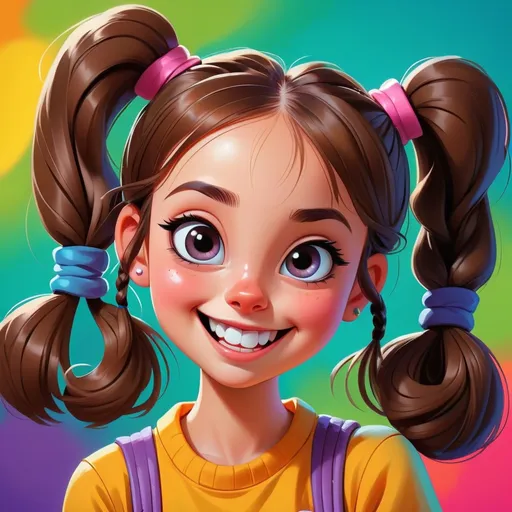Prompt: Cute smiling girl, cartoon style, vibrant colors, cheerful expression, big bright eyes, cute pigtails, colorful background, playful atmosphere, artistic, professional, high quality, cartoon, vibrant colors, cheerful, cute pigtails, playful, professional