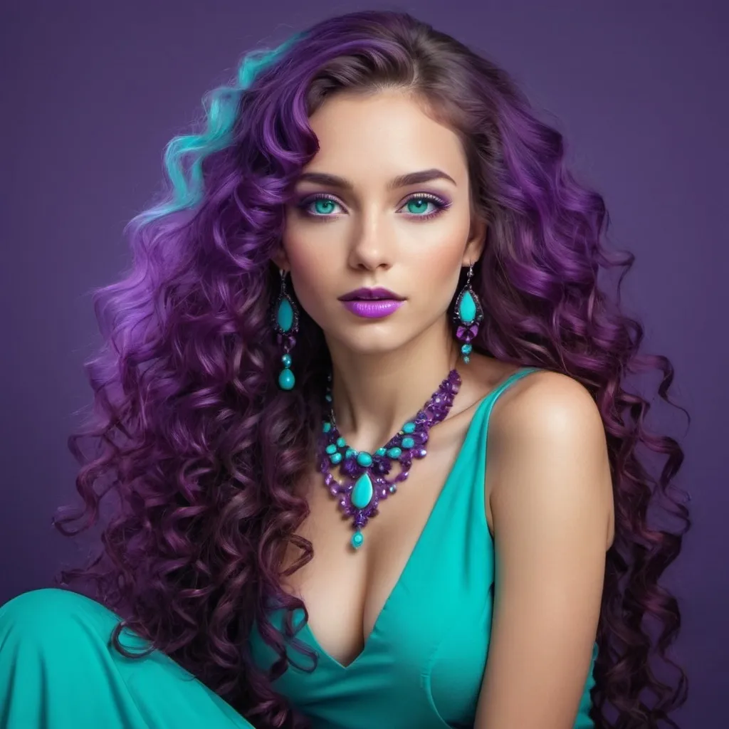 Prompt: An extremely gorgeous woman,  with turquoise jewels, in color scheme of purple, long curly hair