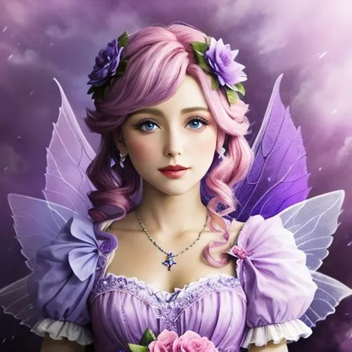 Prompt: purple, pink and blue flower fairy