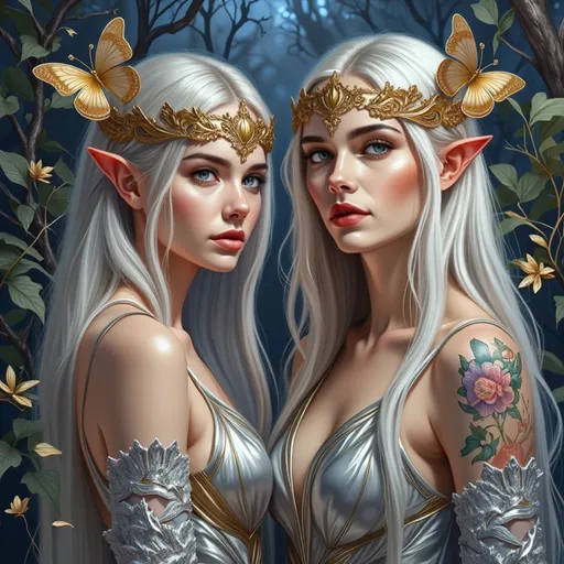 Prompt: This is a highly detailed, digital fantasy artwork featuring two ethereal, elf-like women standing side by side in a mystical forest. Both women have long, flowing, silver-white hair adorned with golden butterfly-shaped headpieces. Their pointed ears are prominent, adding to their otherworldly appearance. They have fair, almost porcelain-like skin and piercing, expressive eyes—one with blue and the other with green irises. Their facial features are delicate and symmetrical, with high cheekbones and full lips.

They are dressed in elegant, form-fitting, silver and gold dresses. The dresses have intricate, ornate patterns The woman on the left has a tattoo on her right arm featuring a detailed, floral design. Both women wear long, silver gloves that match their dresses, adding to the overall regal and fantasy-like aesthetic.

The background is a dark, enchanted forest with a soft, blueish glow emanating from the trees and foliage, creating a magical atmosphere. The texture of the forest is lush and dense, with leaves and branches softly illuminated by an unseen light source. The overall style of the artwork is hyper-realistic with a fantasy genre, emphasizing beauty and mystique.