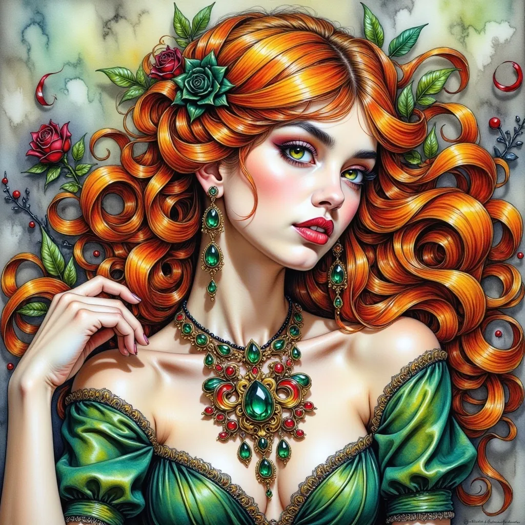 Prompt: a woman  with long red hair and green eyes wearing a white dress and emerald jewelry, Charlie Bowater, fantasy art, epic fantasy character art, a detailed painting