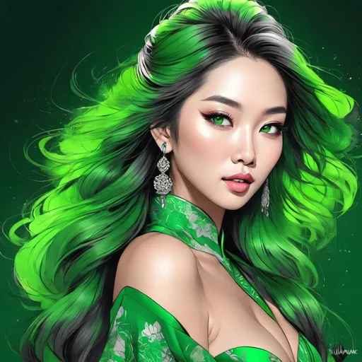 Prompt: <mymodel>Detailed illustration of a asian woman in vibrant green attire, large vivid green eyes, elegant makeup, digital painting, high resolution, realistic style, vibrant green, professional lighting