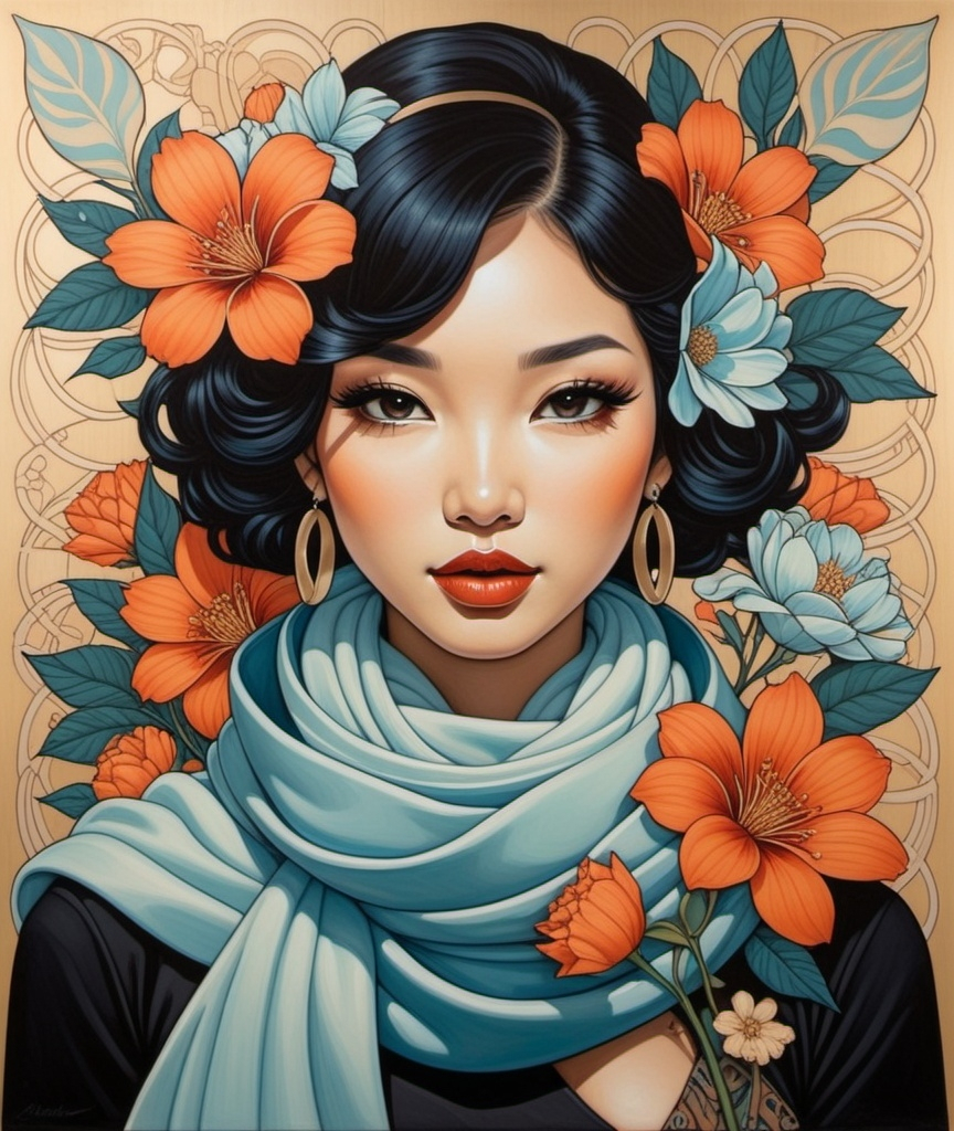 Prompt: a painting of a woman with a scarf around her neck and flowers around her neck,  Audrey Kawasaki, pop surrealism, tristan eaton, an art deco painting