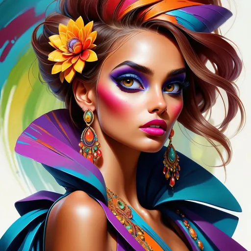 Prompt: digital painting, dramatic colourful makeup, high fashion, intense gaze, realistic portrayal, vibrant colors, detailed features, highres, professional, dramatic, realistic, digital painting, intense gaze, vibrant colors, detailed features, high fashion, glamorous lighting