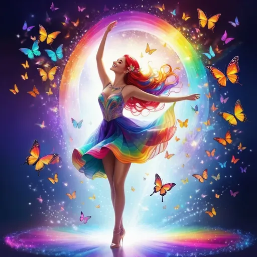 Prompt: (rainbow lady), vibrant colors, flowing multicolored hair, whimsical attire accentuated with geometric patterns, ethereal background with swirling hues, uplifting atmosphere, enchanting smile, surrounded by luminous butterflies, sparkling light effusions, magical feel, (4K), ultra-detailed, captivating composition, cheerful mood, reminiscent of a fairytale.