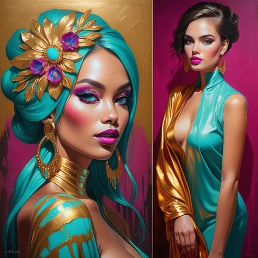 Prompt: <mymodel>beautiful woman, turquoise, gold, magenta, high quality, detailed, vibrant colors, elegant, luxurious, glamorous, realistic painting, warm lighting