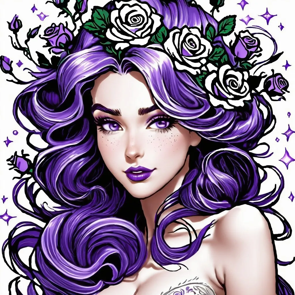 Prompt: Cosmic Epic Beauty, Beautiful and Gorgeous, purple roses in hair