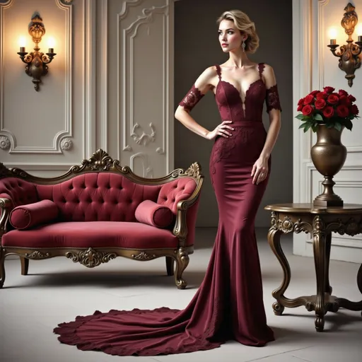 Prompt: In an opulent indoor setting, a stunning woman poses elegantly in a deep burgundy gown that hugs her curves, complete with lace sleeves and intricate floral detailing. The gown cascades into a dramatic train, accentuating her poised stance as she stands confidently beside an ornately carved wooden table adorned with a vase of red roses. Rich, warm lighting envelops the scene, illuminating the luxurious textures of the plush, matching velvet sofa behind her, while elegantly styled walls boast intricate moldings and classic sconces. Her expression conveys a mix of sophistication and allure, encapsulating the grandeur of an upscale event, evoking a beautiful blend of elegance and timeless fashion within this exquisite environment.