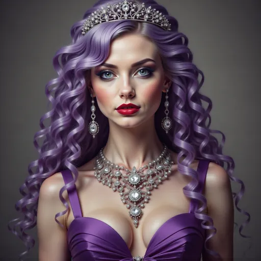 Prompt: a woman with purple hair wearing a tiara and a purple dress with a diamond necklace and earrings on, Anne Stokes, gothic art, highly detailed digital painting, a detailed painting