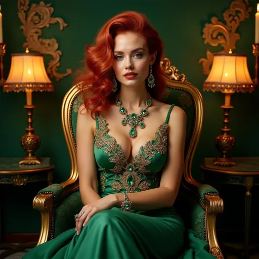 Prompt: In an opulent setting, a stunning woman exudes glamour while seated regally on a lavishly adorned chair. Her vibrant red curls cascade elegantly over her shoulders, complementing the deep emerald gown intricately embellished with golden embroidery. Adorned with sparkling emerald jewelry, including chandelier earrings and a statement necklace, she radiates sophistication and charisma. The backdrop is a rich green, highlighting the ornate gold details of her chair and the graceful glow of vintage lamps and candles that cast a warm ambiance across the room. This scene captures an enticing mix of luxury and allure, inviting viewers to be drawn into her enchanting world.