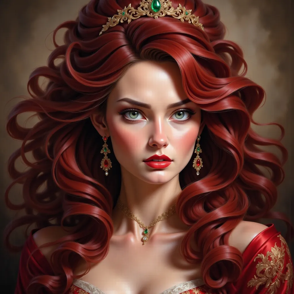 Prompt: a powerful woman with Victorian wine red curly voluminous hair half up half down and emerald green eyes