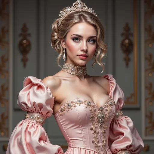 Prompt: Adorned in an exquisite gown of soft pink fabric, a young woman captivates with her elegant pose, framed by lush, voluminous sleeves that echo the grandeur of a bygone era. Her delicate features are accentuated by a subtle makeup palette, which draws attention to her striking blue eyes and full lips, while a lavish assortment of jewelry—comprising a choker, earrings, and a jeweled headpiece—adds a touch of opulence. The background, hinting at an ornate architectural setting, enhances the atmospheric elegance of the portrait, illuminated by soft, flattering lighting that emphasizes her regal demeanor. This vibrant portrayal, rich in detail, evokes a sense of timeless beauty and grace, reminiscent of classical art yet infused with modern charm.
