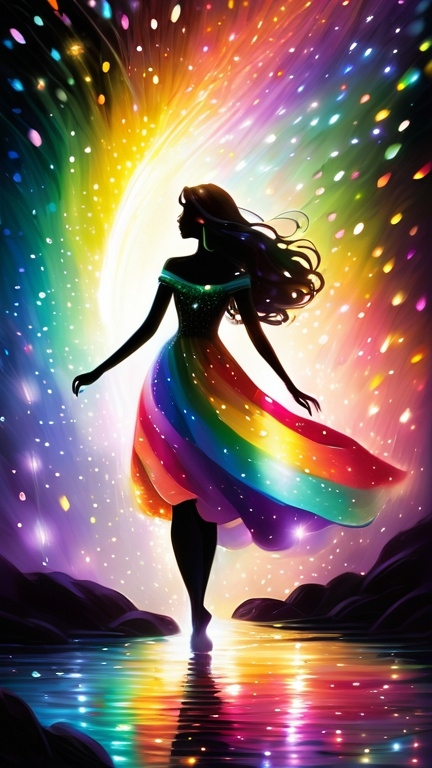 Prompt: A luminous, etherel mesmerizing woman walks among sparkling fireflies, her skin shimmering with a rainbow of colors. She possesses an otherworldly beauty.  This enchanting scene is depicted in a digitally painted illustration, each brushstroke capturing the magical essence of the scene. The vivid colors and exquisite details make this image a truly mesmerizing piece of art.