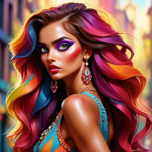 Prompt: digital painting, dramatic colourful makeup, high fashion, intense gaze, realistic portrayal, vibrant colors, detailed features, highres, professional, dramatic, realistic, digital painting, intense gaze, vibrant colors, detailed features, high fashion, glamorous lighting