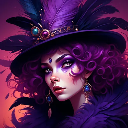 Prompt: a woman with purple hair and a hat with feathers on it, wearing a purple feathered hat with a purple feathered design, Anna Dittmann, fantasy art, highly detailed digital painting, a character portrait <mymodel>