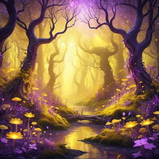 Prompt: Vibrant digital illustration of a mystical forest, vivid yellow and purple hues, magical glowing flowers, enchanting fairytale atmosphere, whimsical creatures, high-quality, highres, vibrant, digital art, fantasy, mystical, mystical forest, glowing flowers, enchanting, whimsical creatures, vibrant yellow and purple, magical, fairytale atmosphere