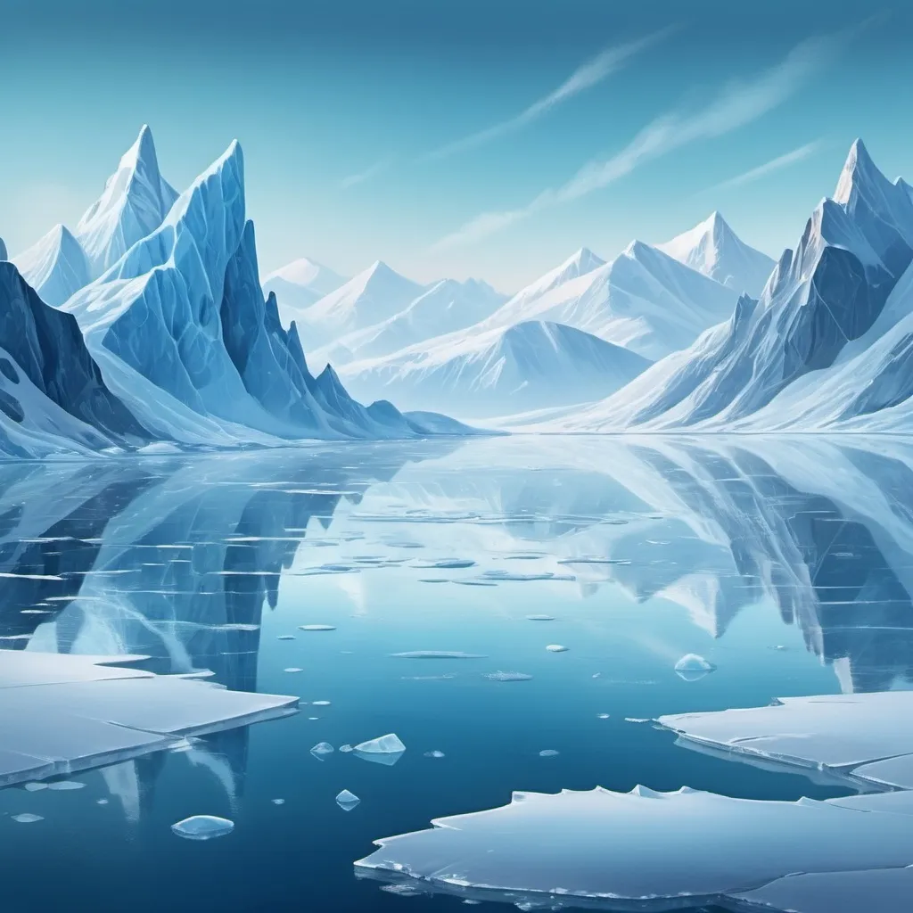 Prompt: Icy blue landscape with snow-capped mountains, frozen lake, serene atmosphere, high quality, digital painting, cool tones, detailed ice formations, soft and diffuse lighting, arctic wilderness, peaceful solitude