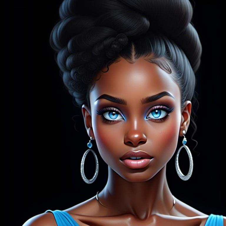 Prompt: Elegant black woman, striking blue eyes<mymodel>