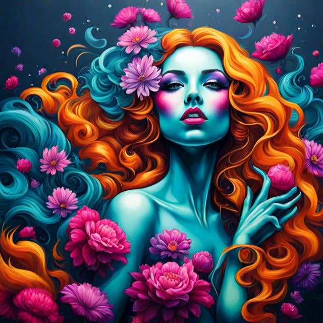 Prompt: Flower Siren graffiti art, splash art, street art, spray paint, oil gouache melting, acrylic, high contrast, colorful polychromatic, ultra detailed, ultra quality, CGSociety