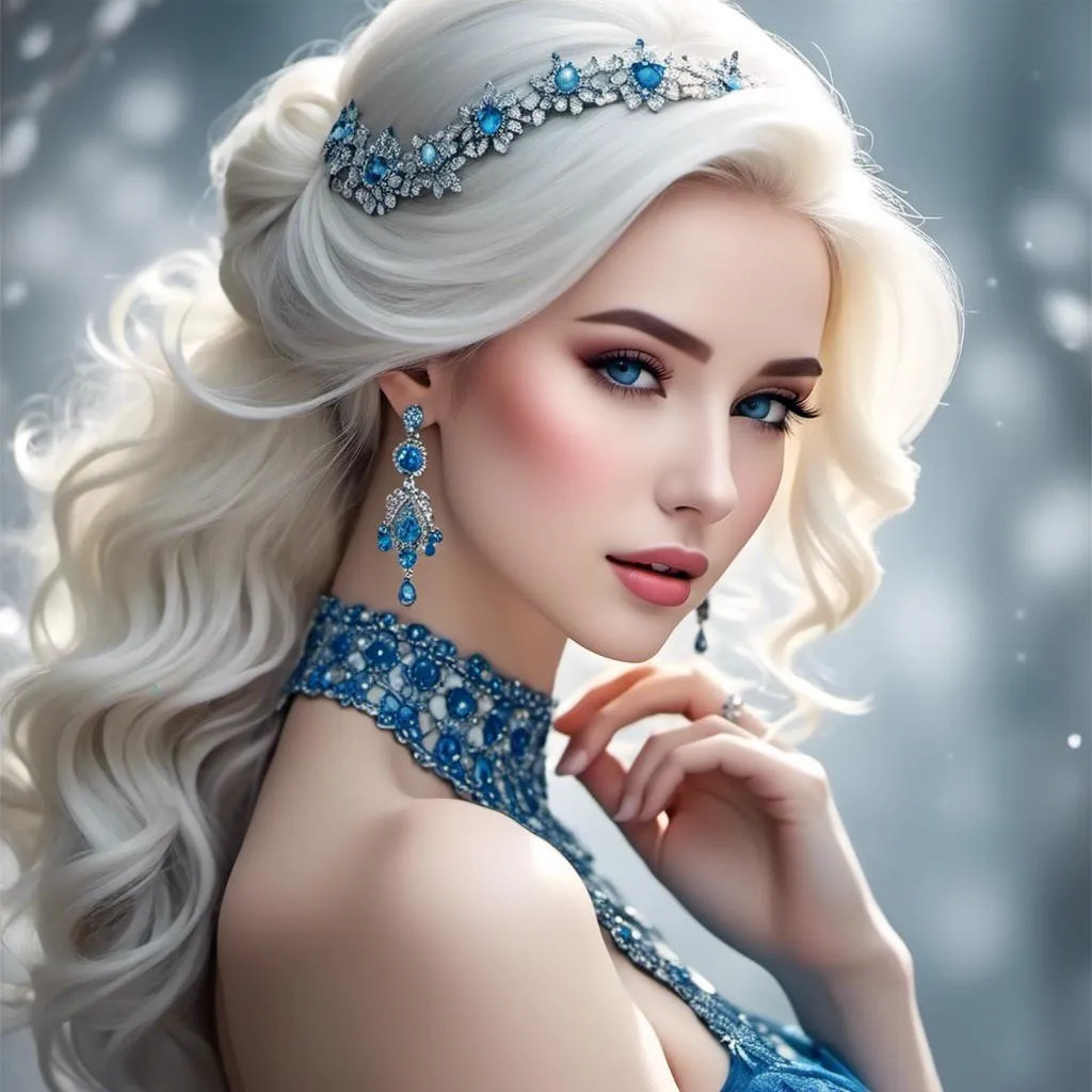 Prompt: <mymodel>A beautiful woman, white hair, blue eyes, blue eyeshadow, blue jewels o